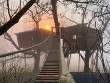 Baumhäuser im winterlichen Morgennebel